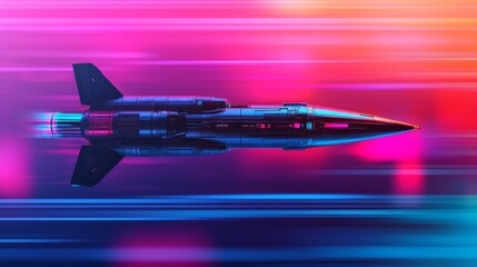 Futuristic rocket in motion, colorful abstract background.
