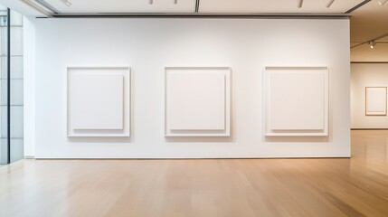 Fototapeta premium Minimalist art gallery with empty frames and wooden floor, bright white walls.