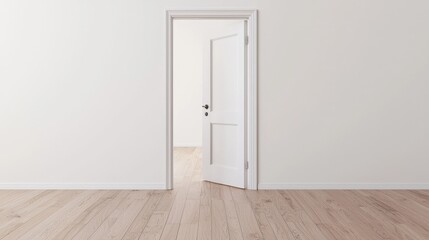 Modern interior with an open white door, light wooden floor, and minimalistic design.