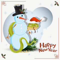 A symbol of the new year a snake in a Santa Claus hat wraps around a snowman