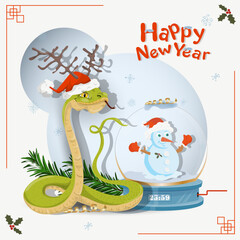 A symbol of the new year a snake next to a glass balloon with a snowman inside
