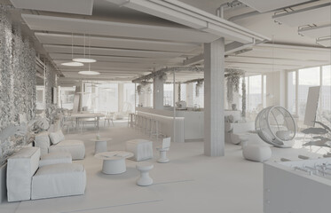 Office communication area interior. Barista. 3D Render. Clay render.