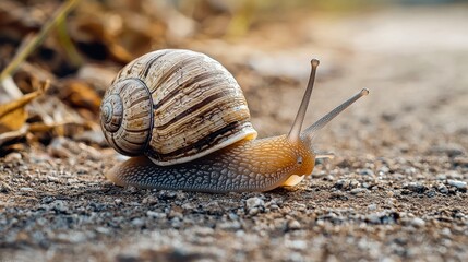 A close-up of a small snail, highlighting its delicate shell and intricate details. The soft lighting emphasizes the snail's texture, capturing the quiet beauty of this tiny creature