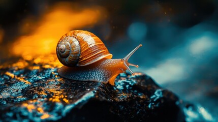 A close-up of a small snail, highlighting its delicate shell and intricate details. The soft lighting emphasizes the snail's texture, capturing the quiet beauty of this tiny creature