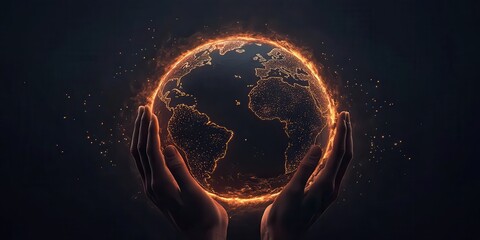 Hands cradling a glowing Earth with a fiery aura, symbolizing global warming, climate change, and environmental impact.