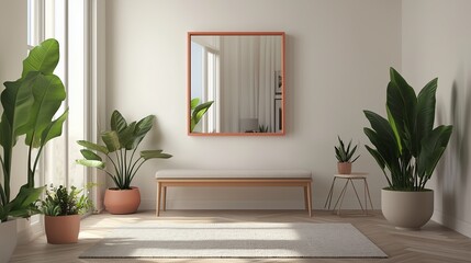 Bright Minimalist Entryway with Wooden Bench and Indoor Plants, Natural Light and Greenery, Perfect for Modern Home Decor and Welcoming Spaces