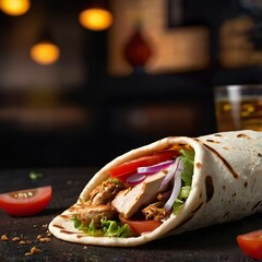Yummy tasty shawarma gyros with chicken in pita bread. Food template for business. Dark food photo. Modern street food.	