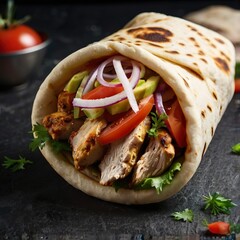 Yummy tasty shawarma gyros with chicken in pita bread. Food template for business. Dark food photo. Modern street food.	