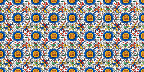 Talavera pattern with colorful, Mexican tile motifs. Background seamless pattern.