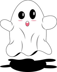 White ghost with big eyes, open mouth, pink cheeks and black shadow suitable for Halloween decorations, seasonal cards, children's book illustrations.