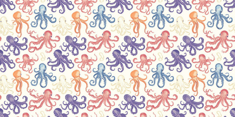 Octopus pattern with ocean-inspired, marine-themed designs. Background seamless pattern.