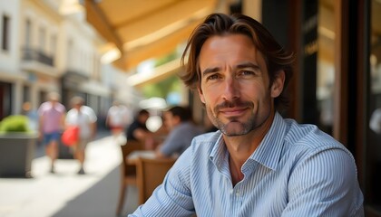 Obraz premium Caucasian man sitting at a café on a sunny day, with people in the background.