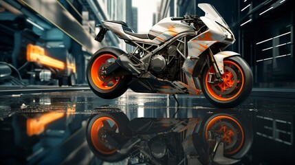 Obraz premium Motorcycle parked on a sunlit urban street with buildings and pedestrians in the background.