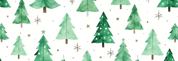 A seamless watercolor pattern of green Christmas trees on a white background. Subtle star motifs add a whimsical touch, perfect for seasonal designs and textiles