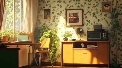 Cozy room with plants, a desk, and vintage decor elements.