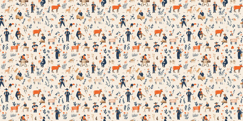 Farmer pattern with rural-themed, agricultural designs. Background seamless pattern.