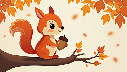 Cute cartoon squirrel with acorn on autumn branch