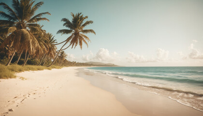 Obraz premium Tropical Sandy Ocean Beach with Palm Trees, Vintage Film Effect.