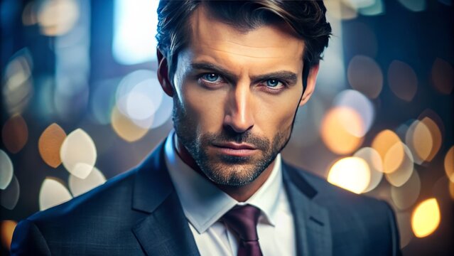 Portrait of an elegant businessman with a suspicious expression looking directly at the camera lens