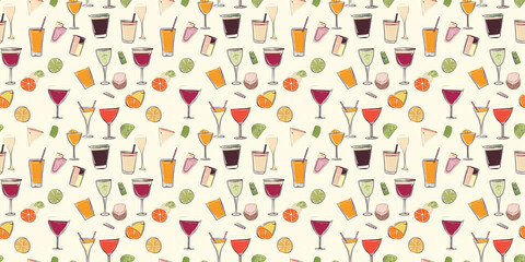 Drinks background with lively, beverage-themed illustrations. Background seamless pattern.