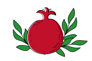 Hand-drawn bright red pomegranate with an expressive crown isolated and green leaves, isolated on a transparent background. Blessing symbol of fertility, wealth, longevity and life