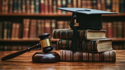 Gavel and Law Books with Graduation Cap in Library Setting