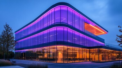 Obraz premium A modern glass office building with purple and orange lighting at dusk.