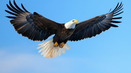 Obraz premium A bald eagle soars through a clear blue sky with its wings spread wide.