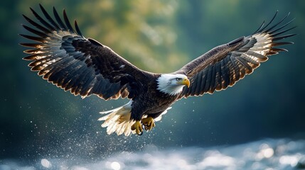 Fototapeta premium A Bald Eagle soars through the air, wings outstretched and talons extended, as it flies low over a body of water.