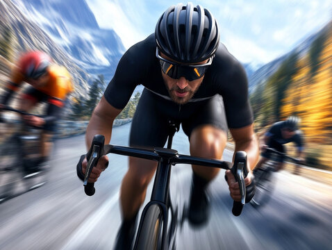 A man is riding a bike on a road with other cyclists