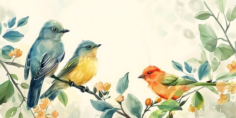Obraz premium Vintage background with birds and lemons. Watercolor illustration