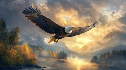 Obraz premium A bald eagle soars through the air with majestic grace over a mountain range and a lake, with clouds and sunlight in the background.
