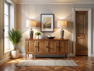 Realistic 3D Render of Modern Apartment Entryway with Wooden Sideboard, Lamp, and Picture Frame Template