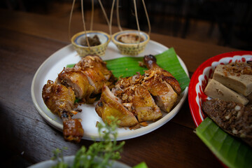 Set of Thai food, papaya salad or spicy salad somtum Thailand on the wooden table, thai spicy food