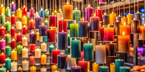 Obraz premium Rows of Colorful Candles Hanging for Sale in a Brightly Lit Shop Display for Festive Occasions