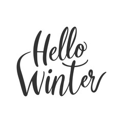 Hello Winter, hand drawn text lettering, isolated on white background.