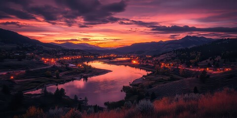 Stunning sunset over a tranquil river with dramatic clouds and vibrant colors reflecting in the water, surrounded by mountains and illuminated homes.