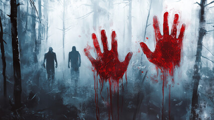 Horror Theme: Illustrate a chilling scene with red bhandprints pressed against a foggy glass surface. The handprints should be vivid and fresh, with red drops trickling down, enhan