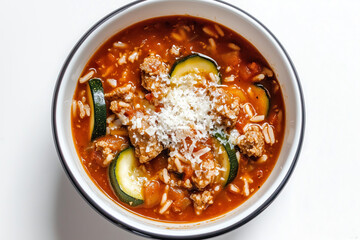 Bowl of tomato rice soup topped with zucchini and cheese