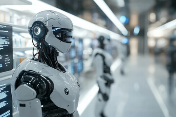 A futuristic retail store where AI-powered robots assist customers in finding products and provide personalized recommendations.