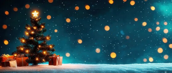 Fototapeta premium A beautifully decorated Christmas tree with twinkling lights and colorful gifts underneath, set against a sparkling snowy background and softly illuminated by festive bokeh.