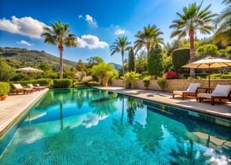 Serene Outdoor Swimming Pool with Crystal Clear Water at a Luxurious Resort Surrounded by Nature