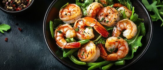 Succulent grilled shrimp are arranged over fresh greens accompanied by crisp vegetables, showcasing a colorful and appetizing dish prepared in a modern kitchen