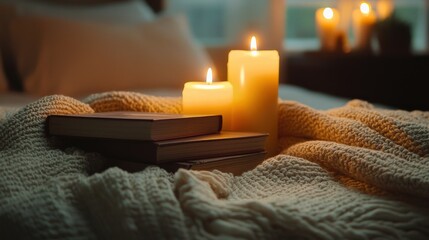 Warm candles flicker on a bedside table next to a stack of books, creating a cozy ambiance. Soft blankets are draped over the bed, adding comfort and warmth to the peaceful bedroom setting