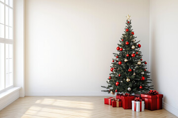 Gorgeous Christmas tree with red decorations and wrapped gifts