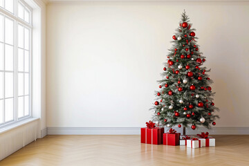 Fototapeta premium Stunning Christmas tree adorned with red ornaments and gifts