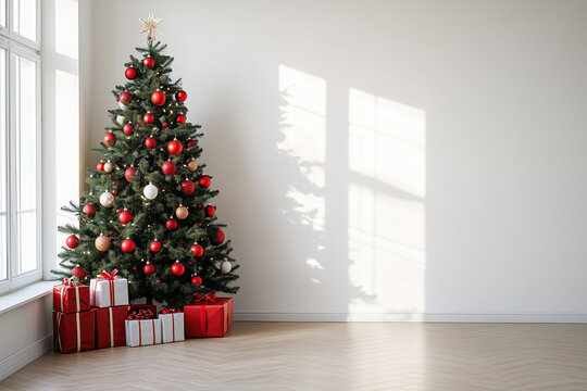 Beautiful Christmas tree with red ornaments and gifts