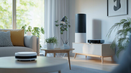 Fototapeta premium A contemporary living room featuring various AI-powered devices