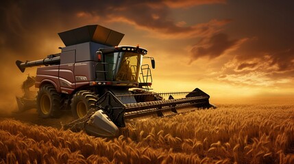 Fototapeta premium A photo of a combine harvester at sunset.