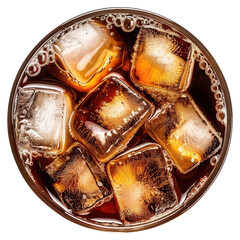 Glass of cola with ice top view isolated on transparent white background, clipping path